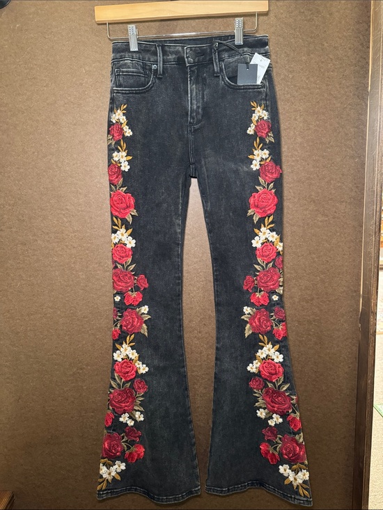 DRIFTWOOD Denim - DRIFTWOOD Black Flare Jeans with Red & White Floral Embroidery